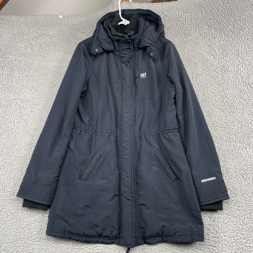 Abercrombie Parka Jacket Womens L Blue Hooded Quilted Red Lining Utility Coat